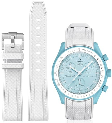 BONACE Moonswatch Uhrenarmbänder, gebogenes Silikonarmband, kompatibel mit Omega X Swatch 20mm Uhr, Swatch Omega Moonswatch Speedmaster, lückenfreies Ersatzarmband für Herren u, Weiße und weiße Linie