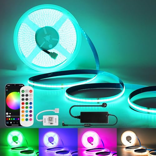Wlan Cob LED Streifen RGBW 10m mit Fernbedienung, Led Cob Strip Alexa LED Lichtband 24V Selbstklebend Lichtleiste COB, 672 Leds/M, RGB+Warmweiss, Kompatibel mit Alexa Google Home