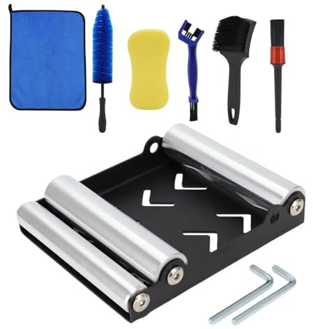 Runfarr Soporte de rodillo de limpieza de ruedas de motocicleta + kit de 6 cepillos de limpieza de motocicleta, soporte de rueda trasera/delantera universal para limpieza de cadenas de motocicletas
