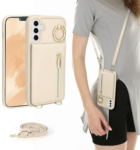 Jcxtrombulous Hülle für Galaxy S24 Hülle Stoßfeste Handyhülle mit Verstellbarer Halskette RFID Reißverschluss Geldbörse Etui mit Kartenfach mit Band Ring Ständer Case für Frauen-Beige