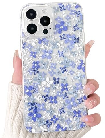 NITITOP Compatible with iPhone 14 Pro Case Cute Clear Flower Floral Pattern Design for Women Girls Slim Soft TPU Shockproof Protective Girly Phone Cover - Blue