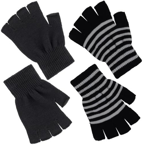 WLLHYF 2 Paar Halbfingerhandschuhe Winter Dehnbar Gestrickt Halbfinger Touchscreen Fäustlinge Fingerlose Kaltes Wetter Thermisch Warm für Frauen Männer (Schwarz + Schwarzgraue Streifen)