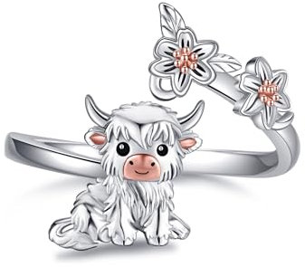 URONE Hochland Kuh Ringe Sterling Silber Kuh Gänseblümchen Ringe Offene Ringe Tier Ringe Schottische Hochland Kuh Schmuck für Frauen