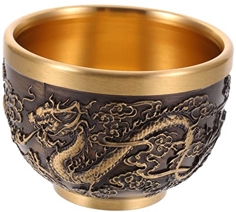 Cabilock Vintage Brass Tea Cup Embossed Dragon and Phoenix Stackable Copper Mug Smooth Surface Household Wine Cup Tearoom Decorative Ornament