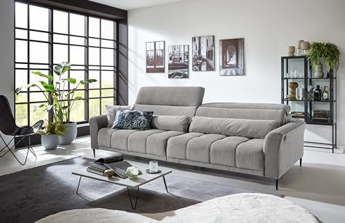 möbelando Big-Sofa >Wolve< in Silbergrau, mit Nosagunterfederung und Polyätherschaum, 2 manuell verstellbare Kopfteile, inkl. 2 Zierkissen (Nierenkissen), 280x108x118 cm (BxHxT)