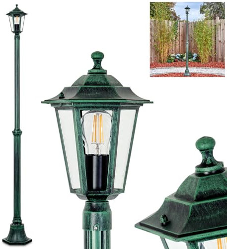 HOFSTEIN Kandelaber Loria, Außenwegeleuchte aus Metall/Glas in Schwarz/Grün/Klar, Wegeleuchte im Vintage/Antik/Landhaus-Design für Garten, Außenbereich, Hof, Höhe 190 cm, 1 x E27, IP44
