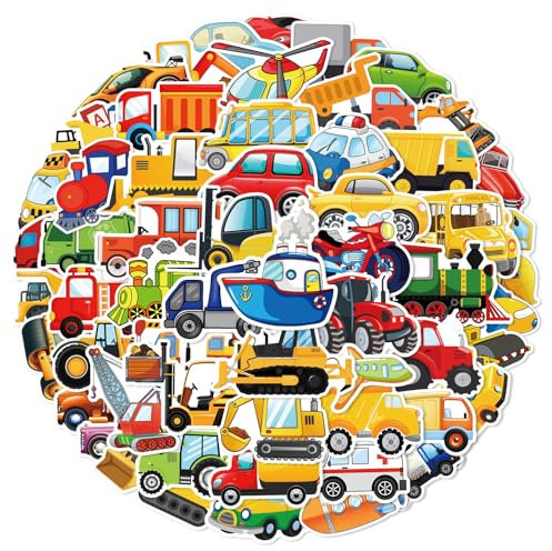 60 Stück Auto Sticker Kinder, Bagger Sticker Set Wasserfest Vinyl Mit Baustelle Fahrzeugn Feuerwehr Traktor Trucks,Aufkleber für Laptop Skateboard Scrapbook Helm Auto Fahrrad Skateboard