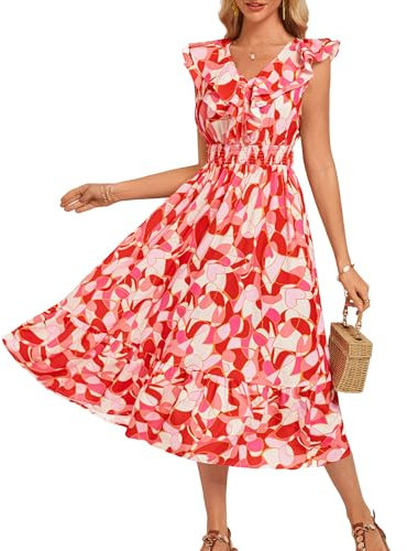 Robe de Plage imprimée pour Femme, Cache-Bikini, Robe trapèze, sans Manches, Grille Rouge et Rose L