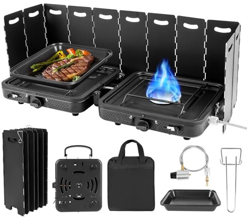 2 Burner Propane Camping Stove, 17200 BTU Adjustable Burners, Foldable Propane Camp Stove with Grill & Windscreen, Double Burner Portable Folding Gas Stove with Carry Bag for Outdoor Camping BBQ