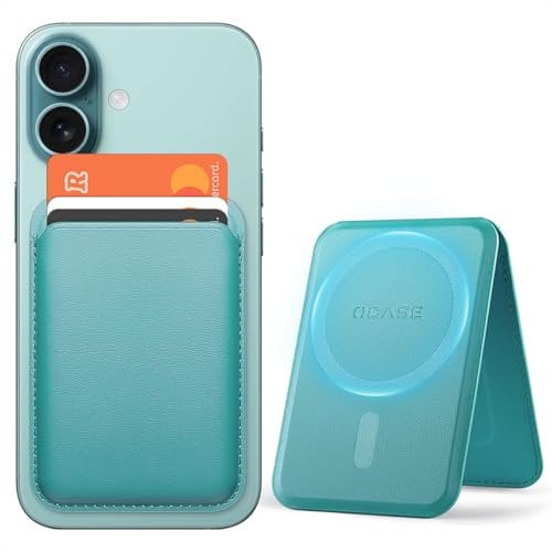 OCASE Porte-Cartes Magnétique, Support Réglable, Compatible avec MagSafe, Cuir Synthétique, pour iPhone Séries 16/15/14/13/12 (Exclu Séries Mini) et Coque per MagSafe - Bleu Vert