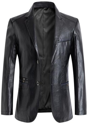 BXCZEDW Chaqueta de piel de cordero auténtica para hombre, con solapa, ajuste regular, 2 botones, con bolsillos, Negro , M
