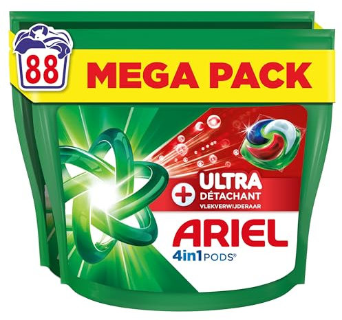 Ariel 4en1 PODS Ultra Détachant, 88 Lavages, Lessive Capsules Liquide, Élimine Même Les Taches Incrustées Depuis 7 Jours, Dissolution Rapide Même à Froid, Nettoyage Impeccable, Fabriquée en France