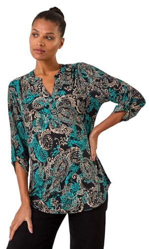 Roman Shirt for Women UK Ladies Top Collarless Blouse Stretchy Tunic Smart Casual Autumn Winter Jersey 3/4 Length Sleeve Notch V Neck Flattering Office Work - Teal Paisley - Size 12