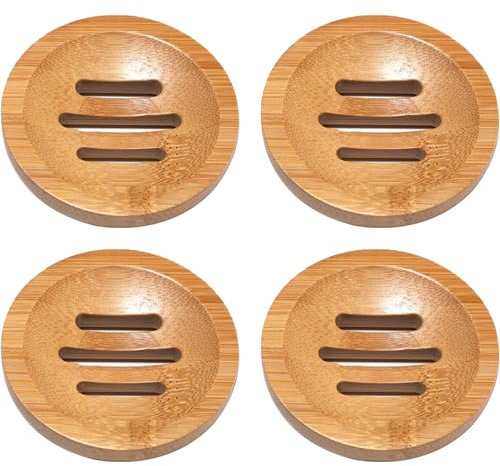 Neroyaner Shower Steamers Tray Bamboo Soap Holder, 4PCS 3.2 Inch Natural Bamboo Soap Dish with Drainage Holes, Non Slip Shower Steamers Tray, Round Dish for
