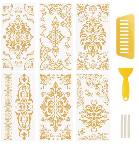 WANDIC 6 Bogen Rub on Transfer Stickers, Goldene Vintage Aufkleber mit Blumen Muster, Europäischer Stil, Wasserdicht, Möbel, DIY Kunsthandwerk, Verzierungen für Fotoalbum und Scrapbook, 15 x 30 cm