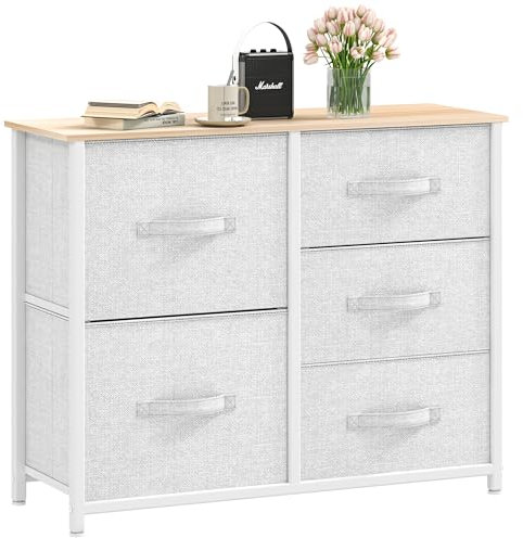 DWVO Kommode mit 5 Schubladen, langlebiger Stoff, Robustes Metallgestell, modern und funktional, ideal für Schlafzimmer, Wohnzimmer, Flur, Kinderzimmer, Hellgrau
