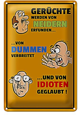 Humorvolles Blechschild 'Gerüchte werden von Neidern erfunden' | Lustige Wanddekoration für Büro und Zuhause | Gelb mit Cartoon-Design | 30 cm x 40 cm