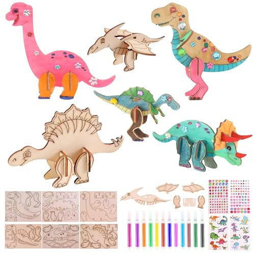 34 Stück Basteln Kinder Holz Kindergeburtstag Beschäftigung Holzbastelsets Holztiere Bastelsets Bastelideen ab 3 Jahre Bastelutensilien dino Jungs 3D Dinosaurier mit Aquarellstift & Edelsteinaufkleber