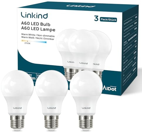 Linkind 8W E27 LED Lampe, Warmweiß (2700K), 806lm, ersetzt 60W Lampe, 220° Abstrahlwinkel, nicht dimmbar, A60 Form, 3 Stück
