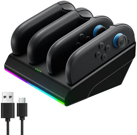 FPVtosky Base de Carga para Switch 2 Joycon(2025), Base de Carga de 4 mandos para Accesorios SW2 Joy-con, con luz indicadora LED Individual& Cable de Carga de Datos Tipo-c