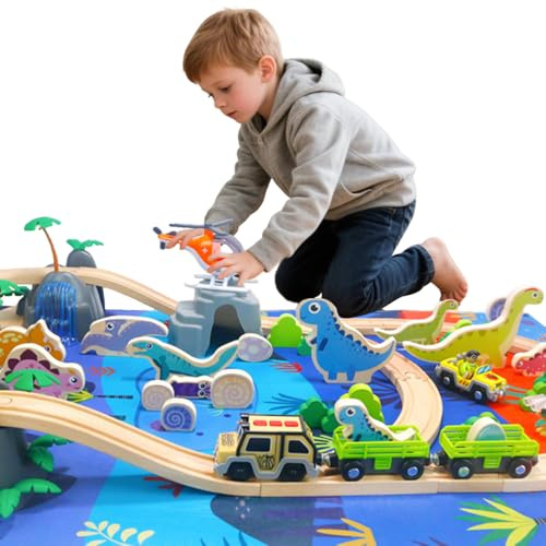 Embosomitr Wooden Train Set 80pc Toddler Dinosaur Toys Magnetic Train Toy Battery Powered Dinosaur Adventure Train Set Wooden Model Railway Track Toys Gift For Boys Girls