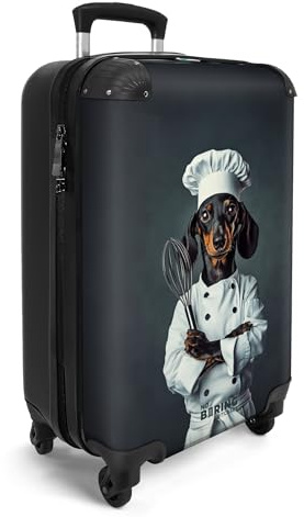NoBoringSuitcases© Handgepäck Koffer Trolley Reisekoffer Handgepäck-Koffer | 55x35x20 cm - 4 Rollen Leicht Kabinenkoffer Hartschalenkoffer Dackel - Hund - Kochmütze - Dunkel