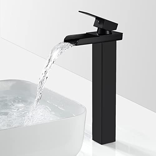 Robinet Salle Bain Cascade Noir Mat, Mitigeur Lavabo Cascade Haut, Moderne Robinet Lavabo avec bec Hauteur 210mm, Robinetterie Vasque à Poser Carré en Laiton, Eau Froide & Chaude Disponible, G 3/8