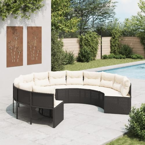 QJBSAVVA Rundes Gartensofa Schwarz 287 cm Poly Rattan Outdoor Lounge mit cremefarbenen Kissen platzsparendes Balkon Set Modernes Design für Garten Terrasse Innenhof