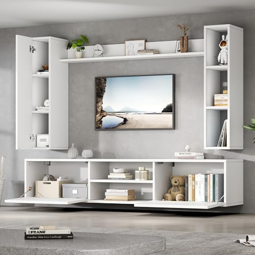 ZKLOEP TV Wohnwand-Set con vitrinas (juego completo, 4 unidades), 180 x 35 x 33,5 cm, incluye tabla de TV, estantería de pie y 2 estantes de pared, juego de muebles de salón, mueble de TV, de pie y
