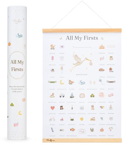 All My Firsts Baby Milestone Poster – First Times Print for New Parents, New Baby Gift, Customisable with Dates, Includes Wooden Magnetic Hanging Frame, Chuffy Baby