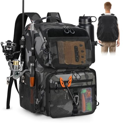 RAINSMORE Fishing Bag 45L Fishing Backpack with Rod Holders & Rain Cover | Waterproof Tackle Storage Bags Camouflage Angling Rucksack for Men Sea Fishing Outdoor