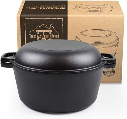 Pre-Seasoned Cast Iron Double Dutch Oven, 5.2 Litres Casserole Dish with Lid, Casted Pot for Camping Home Cooking BBQ Baking