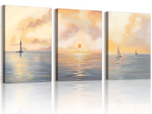 WENGTIAO 3 Stück Ozean Sonnenaufgang Leinwand Bilder Kunstdrucke Gerahmt, Leuchtturm Segelboot auf See Landschaft Wandbilder für Modern Wanddeko Wohnzimmer Schlafzimmer 50x70cmx3