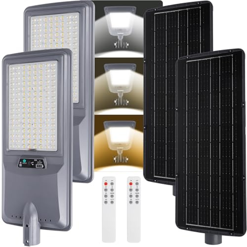 Aigostar 400W Lampione Solare Esterno, Batteria ad alta capacità da 20000 mAh, Regolabili 3000K/4500K/6500K, 4000LM, IP65, Supporto palo non incluso, Lampione LED per Giardino,Ingressi di Garage,2Pz