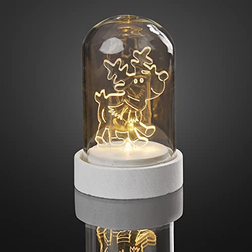hellum LED Glasglocke Deko, Weihnachtsdeko mit Rentier, Weihnachtsbeleuchtung innen mit Batterie (1xCR2032), warmweiß licht, weiß, ø5.5 x H 8,5cm 520859