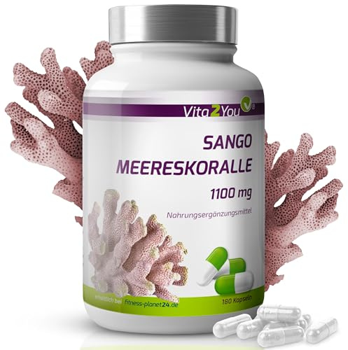 Vita2You Sango Meereskoralle 1100mg - 180 Kapseln - Natürliches Calcium und Magnesium - Hochdosiert - Premium Qualität