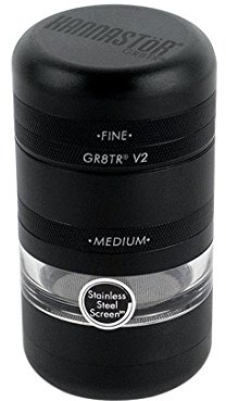 Premium Kannastor GR8TR Herb Grinder with a Clear See Through Glass Jar, Stainless Steal Resin Collector Mesh Catcher, Magnetic Black (3.8H, Diameter 2.2)