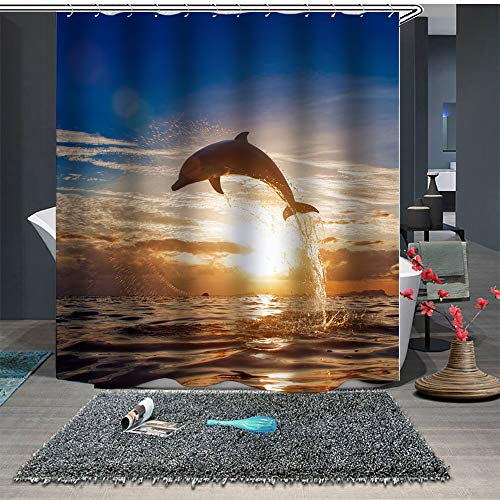 Chickwin Chickw1 Duschvorhang Anti-Schimmel & Wasserdicht, 3D Ozean Blau Delphin Duschvorhang mit 12 Duschvorhangringe für Badezimmer (150x180cm,Sonnenuntergang Delphin)