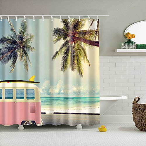 Mateju Duschvorhang, Wasserdicht Waschbar 12 Duschvorhangringe für Badezimmer 3D Digitaldruck Grüne Pflanze mit lebendigen Farben (180x180cm,Bus)