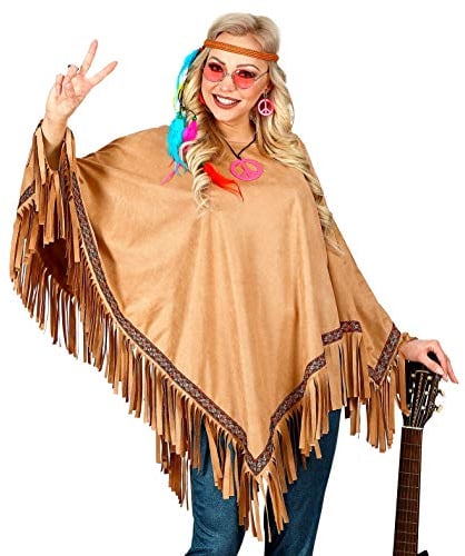 shoperama Hellbrauner Unisex Fransen-Poncho in Wildleder-Optik für Hippie Indianerin Goucho