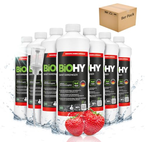 BiOHY Sanitärreiniger Badreiniger Kalkentferner extra stark (9 x 1 Liter) | Gegen Urinstein, Kalk und Seifenreste in Dusche, WC, Fliesen und Armaturen, Konzentrat zum Verdünnen, ergiebig