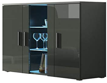Kommode mit Blauer LED Beleuchtung SOHO S7 Sideboard Schrank Wohnzimmerschrank mit 3 Türen (Grau/Grau Hochglanz)