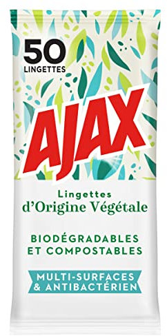 AJAX Lingettes Végétales Désinfectantes Multi-Surfaces Biodégradables/Compostables sans Rinçage, 50 Unités