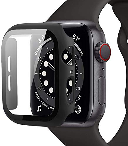 Miimall Kompatibel mit Apple Watch Series 6/SE/5/4 44mm Hülle mit Glas Displayschutz, Ultradünne PC Schutzhülle Vollschutz Kratzfest Displayschutzfolie Schutz Case für iWatch 44mm - Schwarz