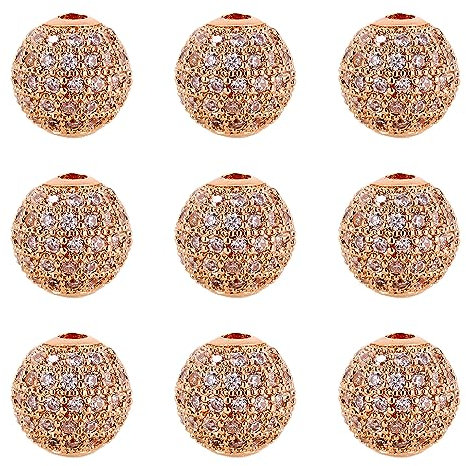 Cheriswelry 10pcs Rose Gold CZ Stone Cubic Zirconia Round Beads 10mm Brass Micro Pave Crystal Clear Disco Ball Beads Loose Spacer Bracelet Connectore Charms for DIY Earring Jewelry Making