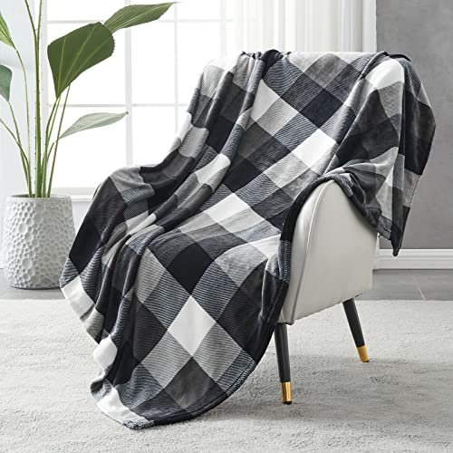 SOCHOW Couverture Plaid Polaire Lit pour Canapé en Molleton, Couverture Jeté en Flanelle à Carreaux Toute Saison 150 x 200 cm, Noir/Blanc