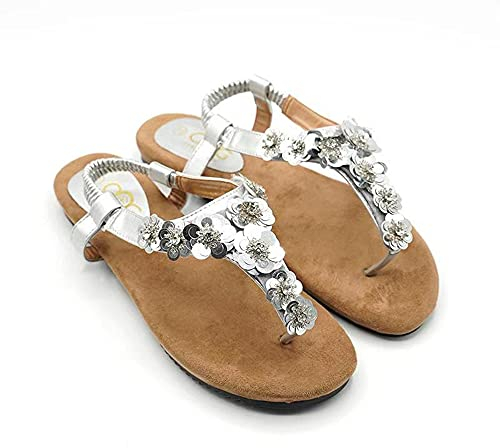 OOG Sommer Sandale Strassstein Damen Schuh Sandaletten Antirusch gepolsterte Sohle (Silber, numeric_38)