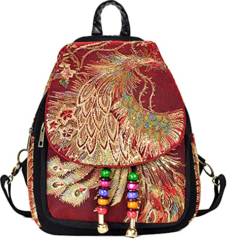 Damen Handtasche Tagesrucksäcke mit Kordelzug Reise Schultertasche Ethnische Retro Pailletten Pfau Perlen Stickerei Rucksack Daypack aus Canvas für Reisen oder Schule