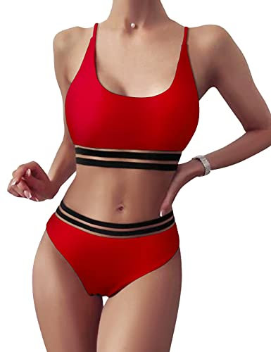 TOMEEK Damen Bikini Set mit Mesh Zweiteilig Badeanzug Push up Gepolstert High Cut Sport Bademode Hohe Taille Bikinis für Frauen(Rot,S)