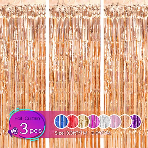 Gulaey Lot de 3 Rideaux à Franges métalliques de 1 mx2 m,Décorations de fête,Rideaux à Franges en Aluminium,Décoration pour Photo,pour Anniversaire, Remise de diplôme, Halloween, Noël (Or Rose)